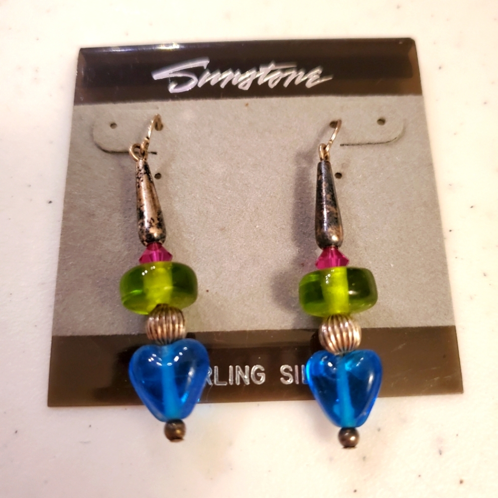 Sunstone dangle pierced earrings blue green pink sterling silver Hawaii Tropical